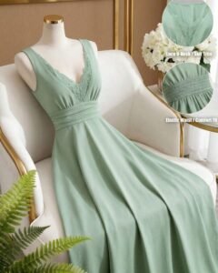 Vestido verde menta con cuello en V, adorno de encaje en la cintura