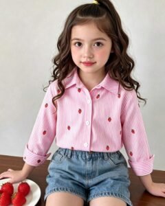 Camisa de niña con rayas rosas y fresas