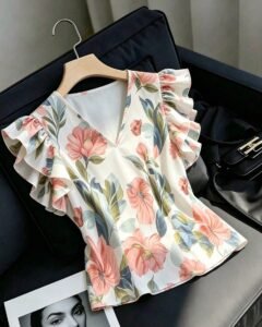 Blusa blanca casual versátil con volantes y mangas acampanadas