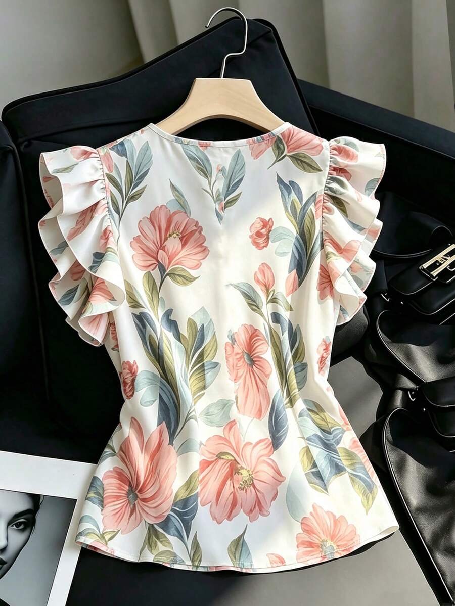 Blusa blanca casual versátil con volantes y mangas acampanadas - Imagen 3
