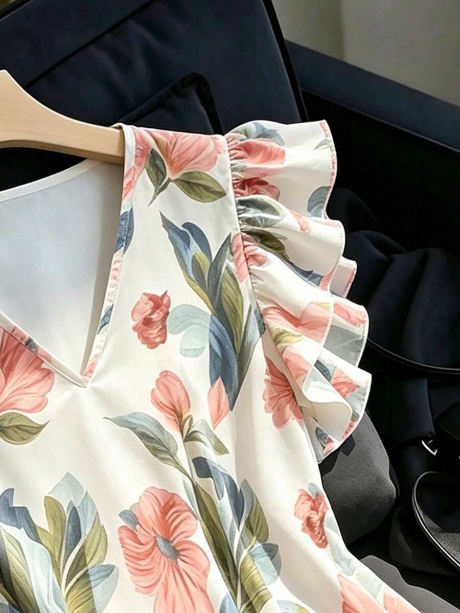 Blusa blanca casual versátil con volantes y mangas acampanadas - Imagen 2