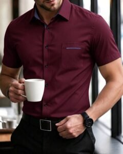 Camisa casual formal de manga corta con botones de color rojo vino