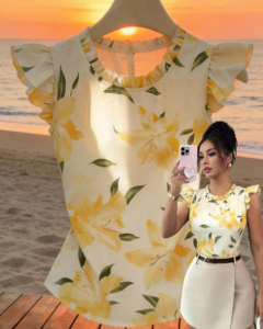 Camisa casual de vacaciones con estampado floral y volantes