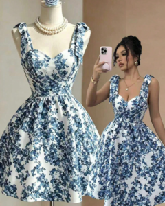 Vestido camisero azul con estampado floral elegante y diario