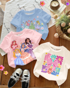 Camiseta de verano para niña joven en rosa suave, con estampado de princesa