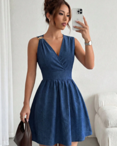 Vestido elegante de cuello en V, cintura ajustada y sin mangas