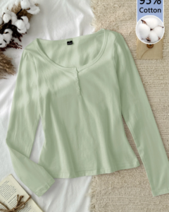 Camiseta de algodón verde claro 95% algodón con media botonadura