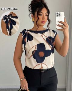 Blusa de mujer de talla grande con estampado floral de unicolor y hombros con lazo