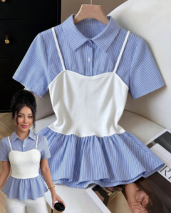 Camisa 2-en-1 de mujer con bloques de color azul y blanco, manga corta