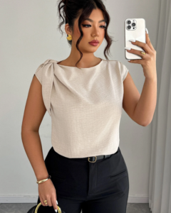 Blusa de mujer de talla grande con estampado floral de unicolor y hombros con lazo
