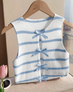 Blusa de punto sin mangas con decoración de lazo, bloques de color y rayas