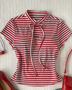 Camiseta de manga corta a rayas rojas y blancas estilo preppy francés
