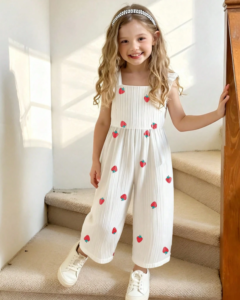 Mono largo blanco de verano para niña pequeña con estampado de cerezas