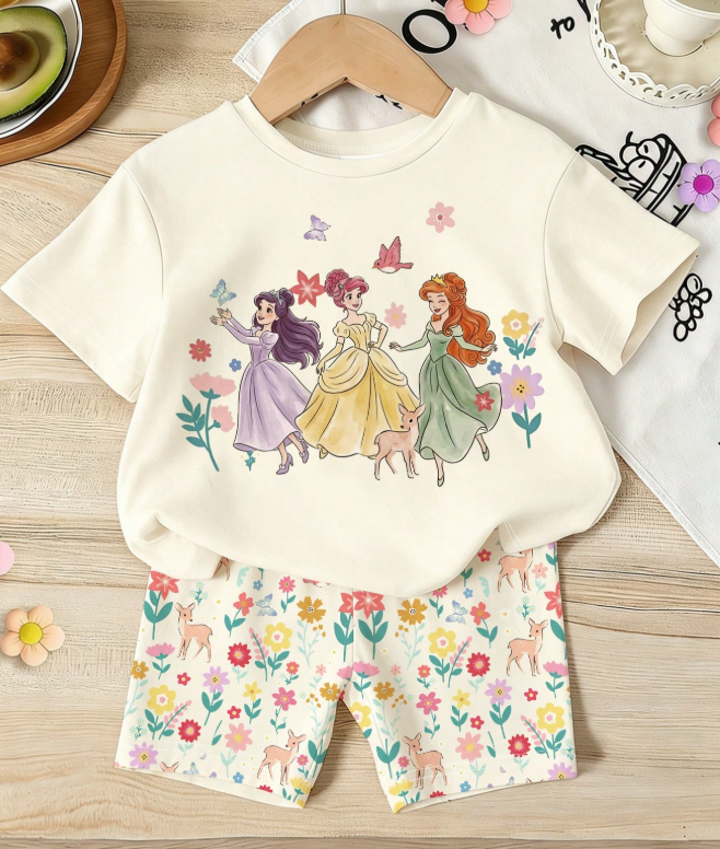 Camiseta con estampado de princesa y shorts adorables con estampado