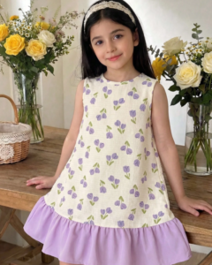 Vestido sin mangas tejido con patchwork floral y color morado liso