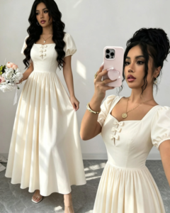 Vestido largo elegante y femenino para mujer con cuello cuadrado estilo francés