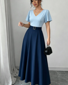 Vestido largo para mujer azul marino, primavera-verano, cuello en V