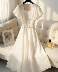 Vestido midi con cuello cuadrado, volantes en la cintura y pliegues
