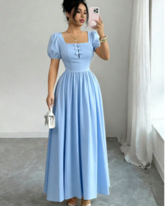 Vestido largo para mujer con cuello cuadrado francés, decoración de lazo