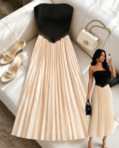 Vestido midi elegante de verano para mujer, negro, sin tirantes, con encaje y plisado