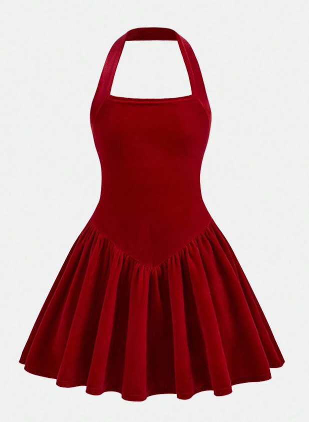 Vestido de niña con cuello de halter y cintura de terciopelo