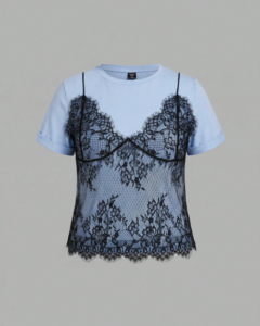 Camiseta corta de cuello redondo con patchwork de encaje 2 en 1 azul claro