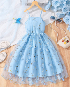 Vestido midi de línea A con cintura alta, tirantes finos de malla y apliques florales