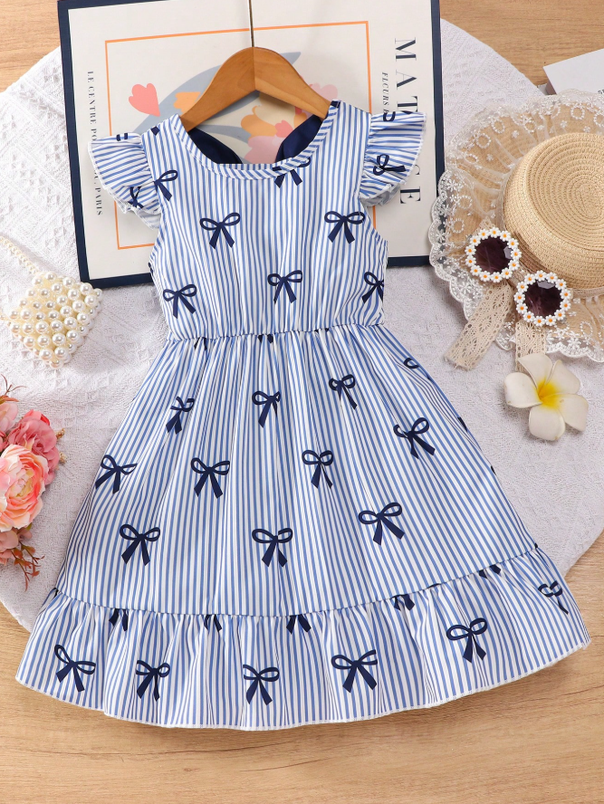 Vestido casual y elegante para niñas con estampado de rayas y moños
