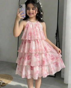 Vestido midi tipo pastel de gasa con estampado floral, volantes, cuello halter