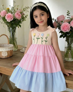 Vestido de pastel con rayas rosas y bordado