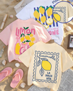 Camiseta de manga corta con cuello redondo con gráfico de limón, cóctel y bebida