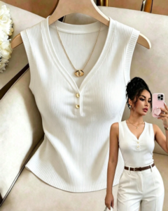 Camiseta sin mangas casual de mujer con diseño de botones y cuello en V
