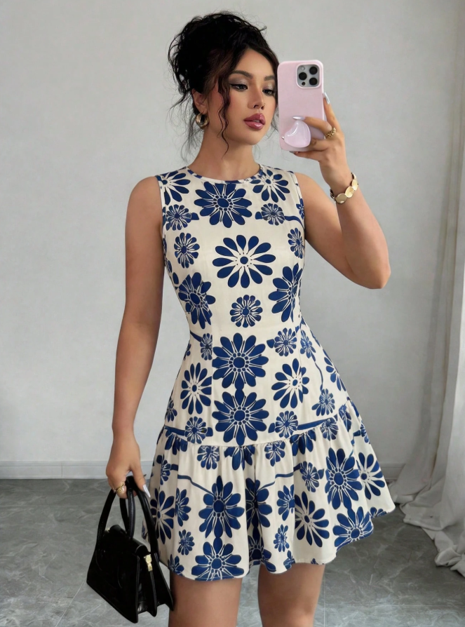vestido mini elegante francés con estampado floral tejido,