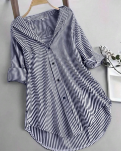 Camisa casual holgada a rayas para mujer, diseño de parte delantera corta y parte trasera larga