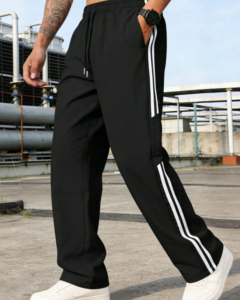 Pants largos casuales deportivos negros a rayas, pierna recta, corte holgado