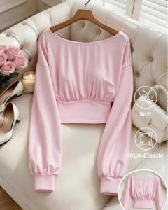 Sudadera de manga larga rosa y negro para mujer con laterales fruncidos