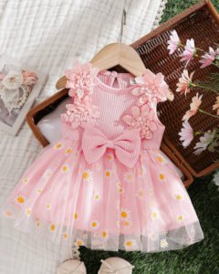 Vestido de princesa sin mangas acanalado rosa con lazo elegante