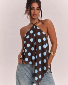 Top de tirantes con cuello halter y lazo sexy con estampado de lunares