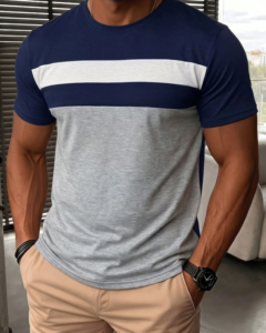 Camiseta casual versátil de manga corta con cuello redondo y color contrastante