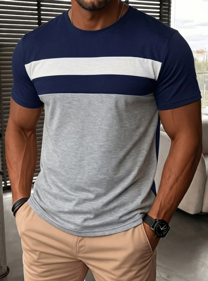 Camiseta casual versátil de manga corta con cuello redondo y color contrastante