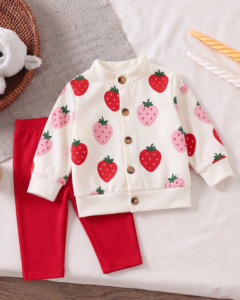 Cárdigan de cuello redondo con botones y estampado de cerezas, pantalones largos elásticos rojos