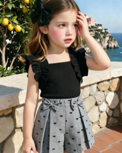 Top de camisola con volantes de tela acanalada negra y shorts con estampado de lazo gris