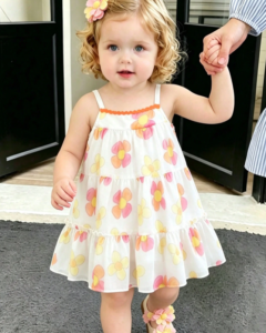 Vestido de niña con estampado de cereza y melocotón arrugado