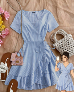 Vestido mini de talla grande para mujer con rayas azules y blancas