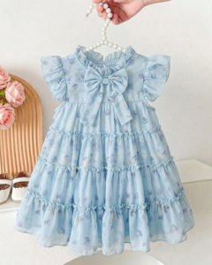 Vestido de gasa con flores azules, falda de volantes en capas tipo pastel