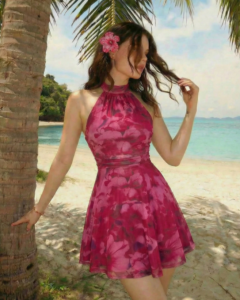 Vestido mini con espalda descubierta, lazo y estampado floral abstracto fluido