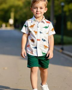 Camisa de manga corta con estampado de dinosaurios y pantalones cortos
